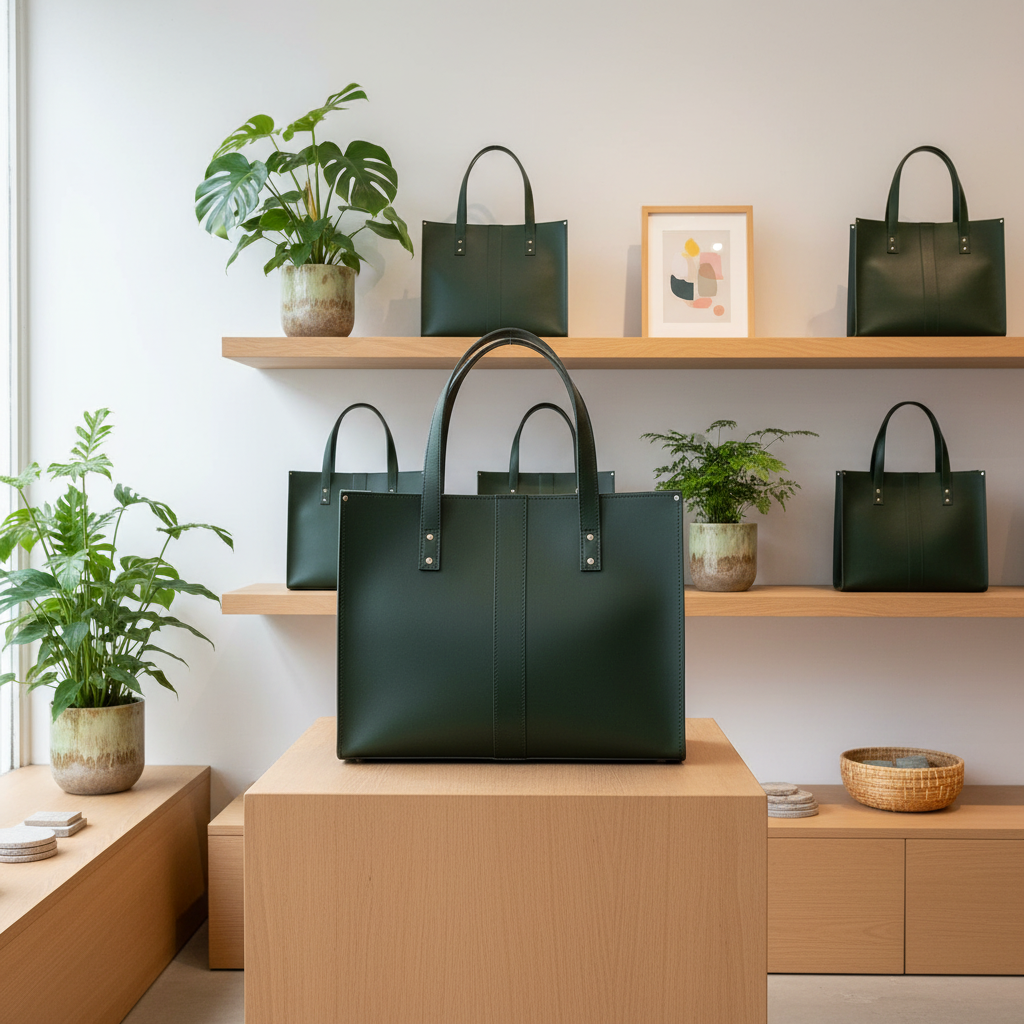 A dark forest green leather tote bag is displayed on a light wood pedestal in a minimalist, modern retail interior with wooden shelves, potted plants, and matching green bags in the background.