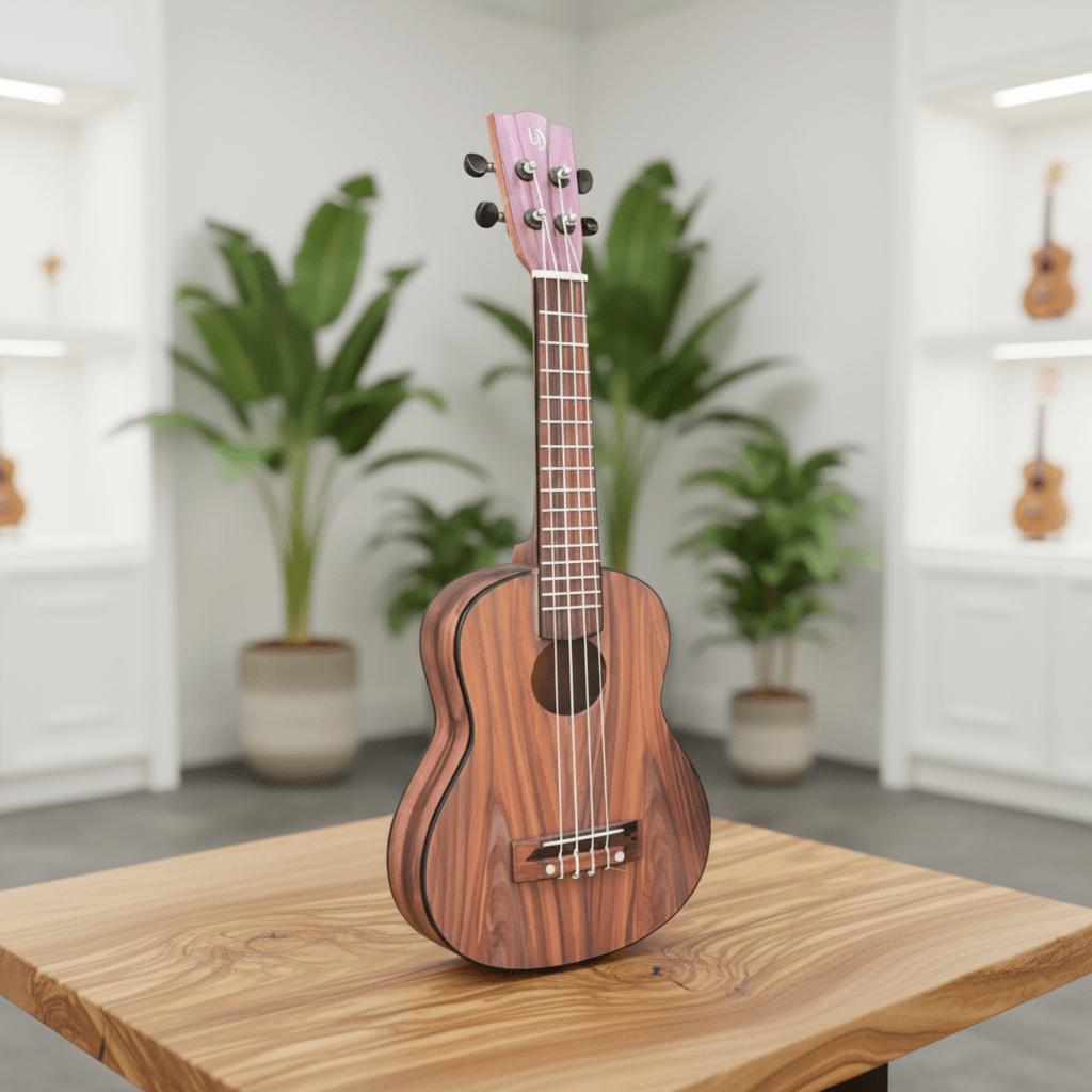 Wooden ukulele on a wooden table with plants and another ukulele in the background