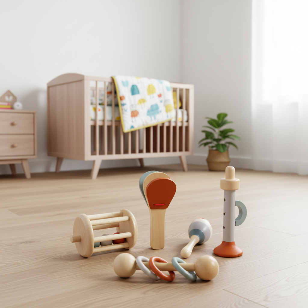 A set of wooden baby sensory toys and rattle-like toys arranged on a light wood floor in a softly lit nursery, with a crib and small plant in the background.