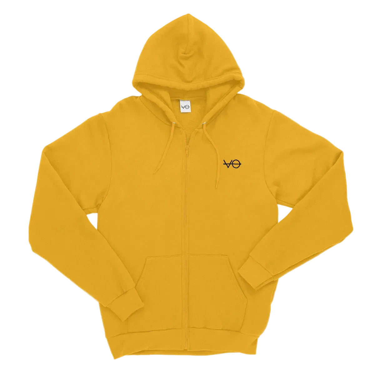 Yellow hoodie with a logo on the chest against a white background