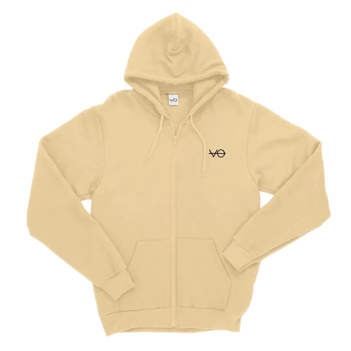 Beige hoodie with a logo on the chest against a white background