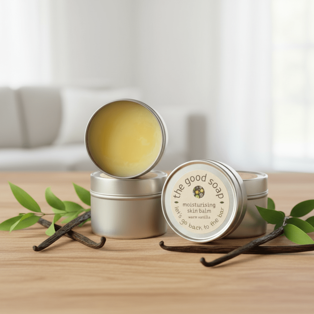 Moisturising skin balm in a metal tin with vanilla beans and leaves on a wooden surface.