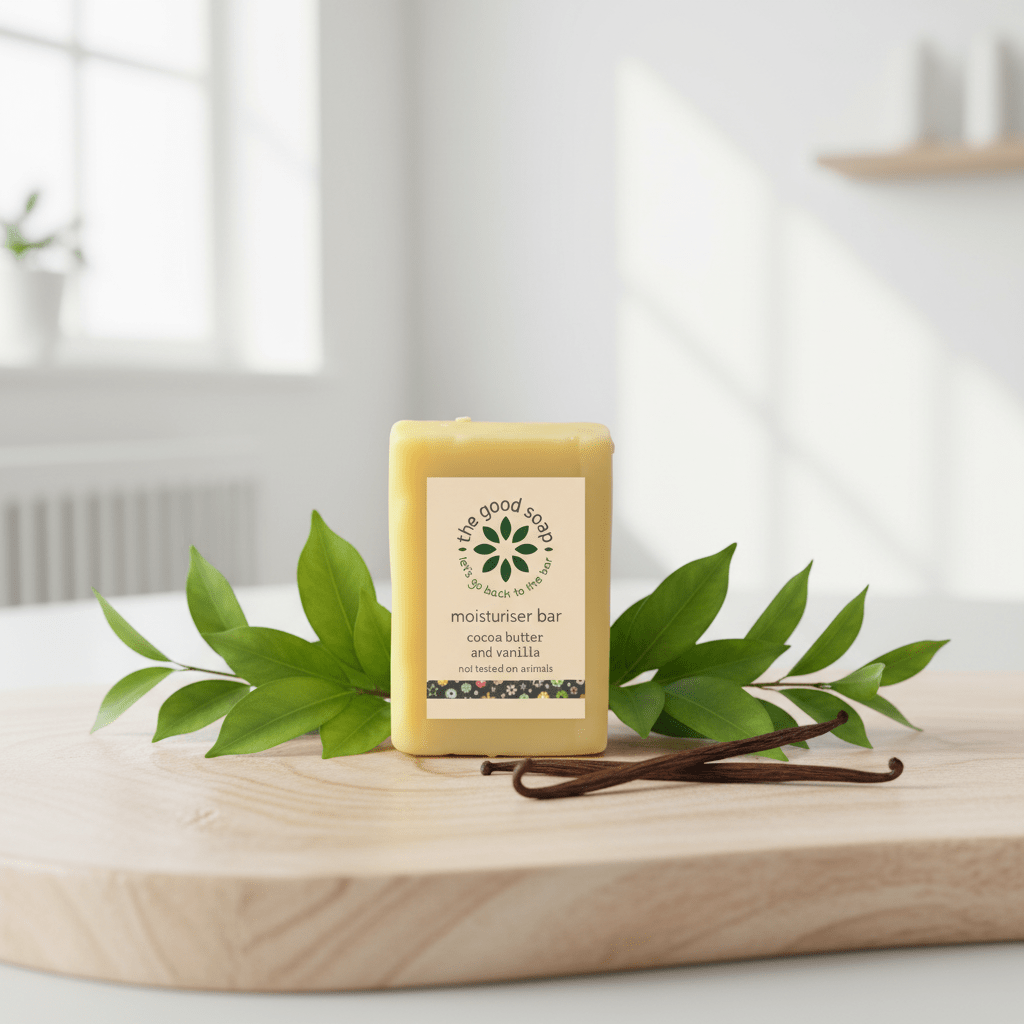 Bar of soap with a vanilla bean and leaves on a wooden surface