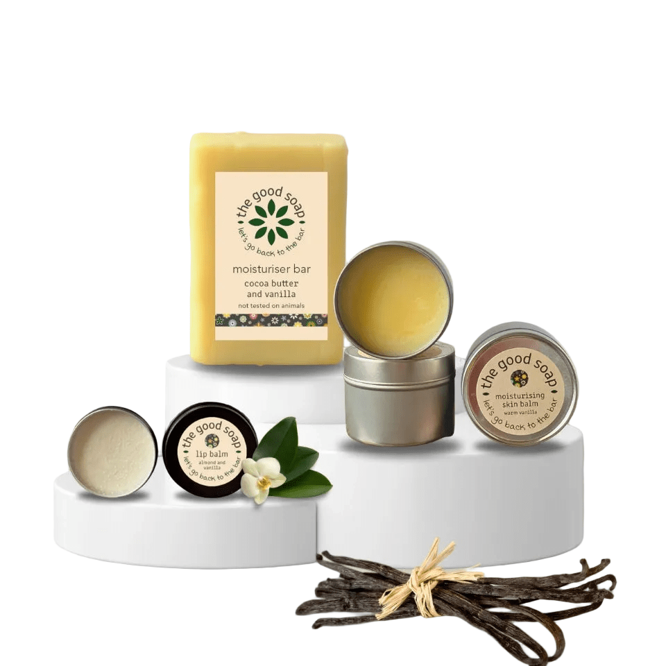 Collection of skincare products from 'The Good Soap' on a white background