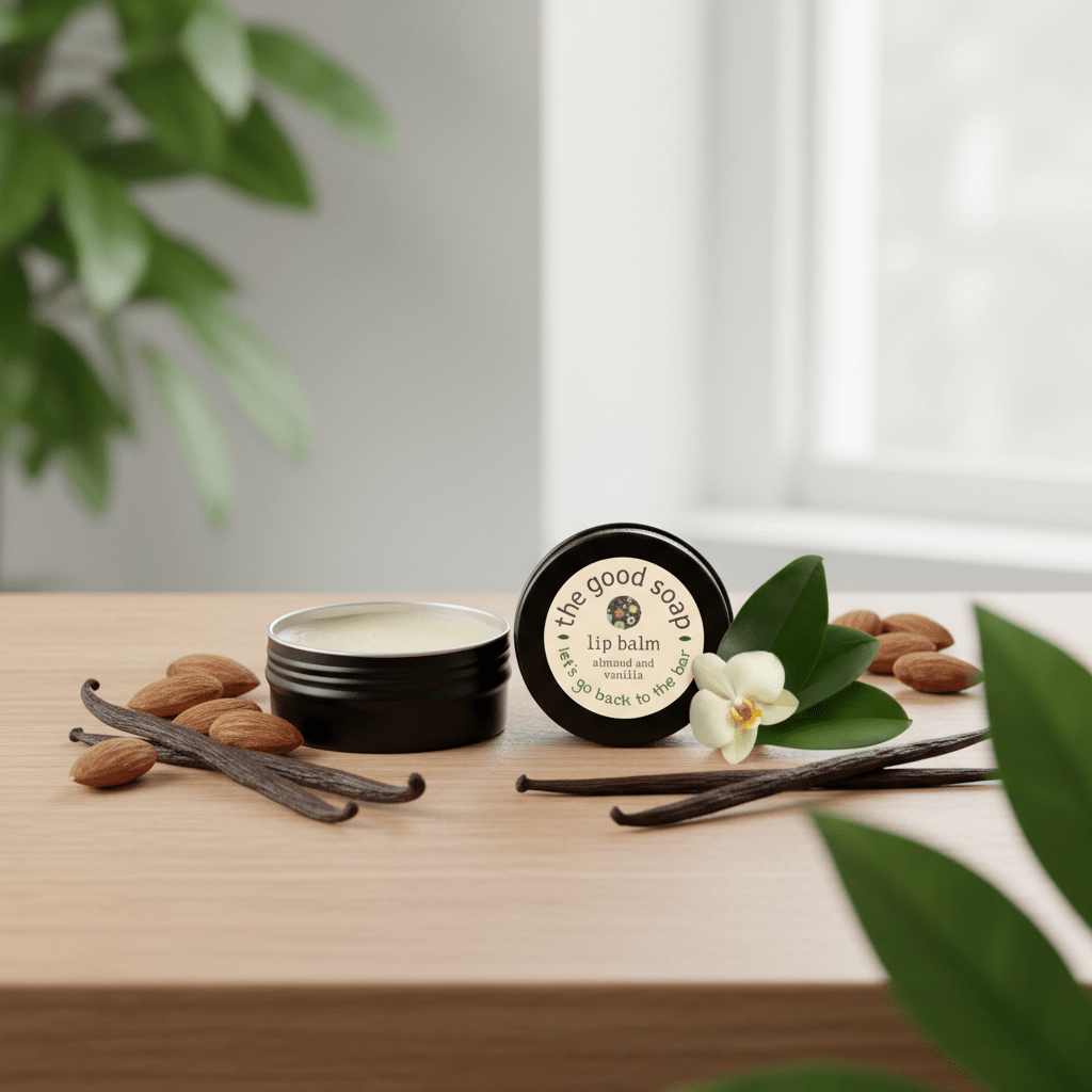 Lip balm and vanilla beans on a wooden surface with a plant in the background
