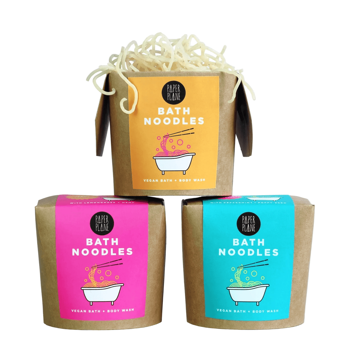 Three packages of Bath Noodles with colorful labels on a white background