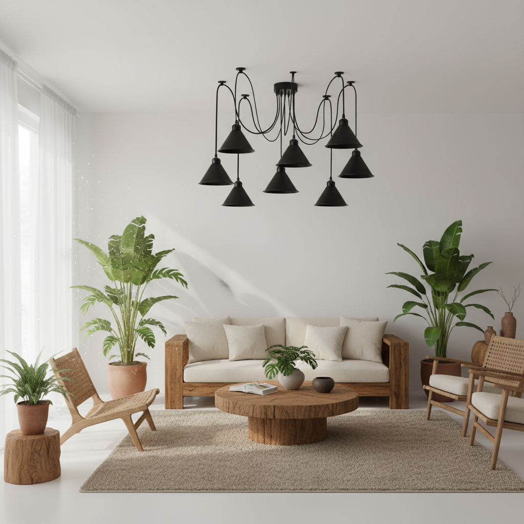 A modern living room scene featuring a black multi-light chandelier with conical shades hanging over a cream sofa, surrounded by wooden furniture, potted green plants, and a beige rug.