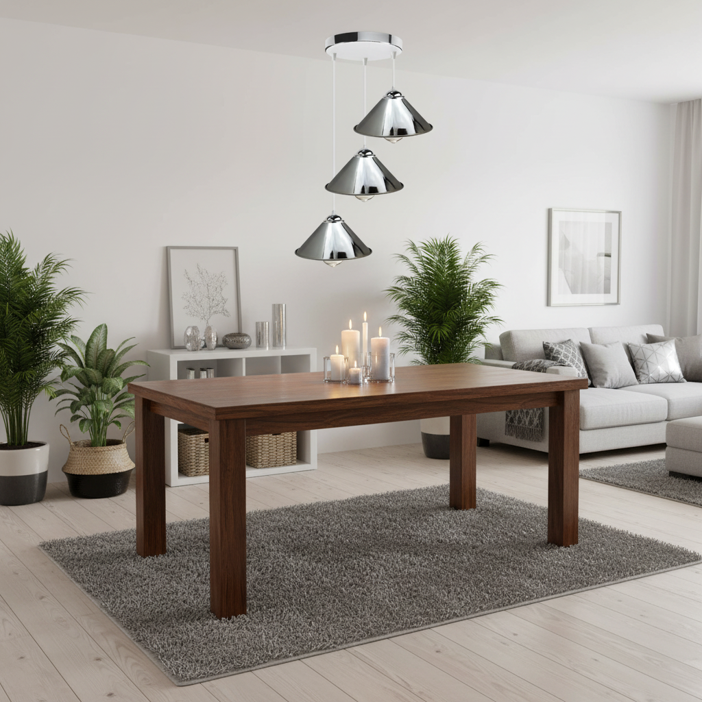A rectangular wooden dining table with a medium brown finish, styled in a bright, modern living room with a gray shag rug, potted plants, and a three-light pendant chandelier.