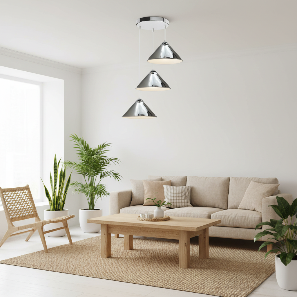 Three modern cone-shaped pendant lights with brushed silver metal shades hang over a light beige fabric sofa in a bright, minimalist living room with a wooden coffee table and potted plants.