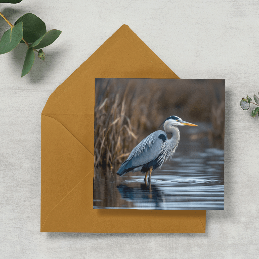 Greeting card with a heron on a water surface and a mustard yellow envelope on a light gray background.
