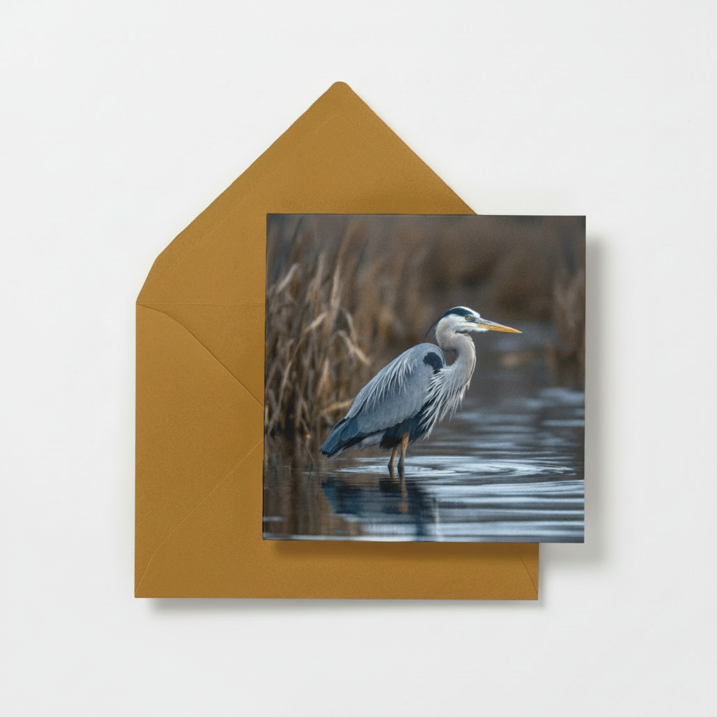 A square greeting card featuring a photograph of a blue heron standing in shallow water, shown with a mustard-brown envelope behind it on a light gray background.