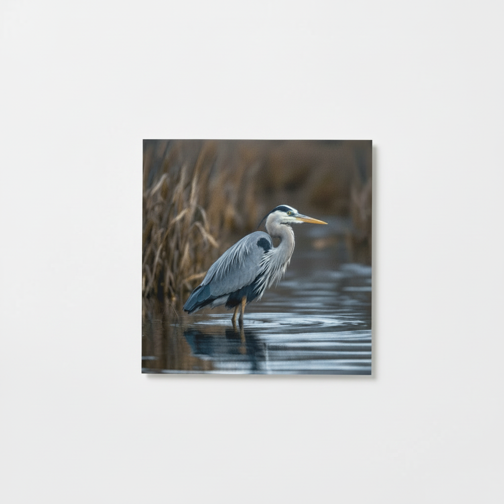 A square greeting card showing a grey heron standing in shallow water with reeds in the background, centred on a white backdrop.