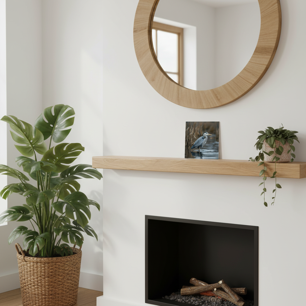 A styled interior scene showing a light wood mantel shelf above a black fireplace insert, with a round wooden mirror on the wall, a greeting card, a potted monstera plant on the left, and a small trailing plant on the right.
