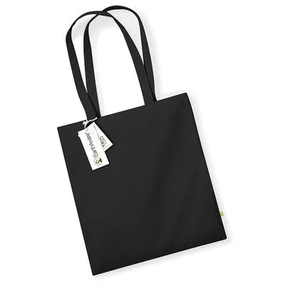 Black organic cotton  tote bag with a tag on a white background