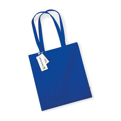Blue organic cotton tote bag with a tag on a white background