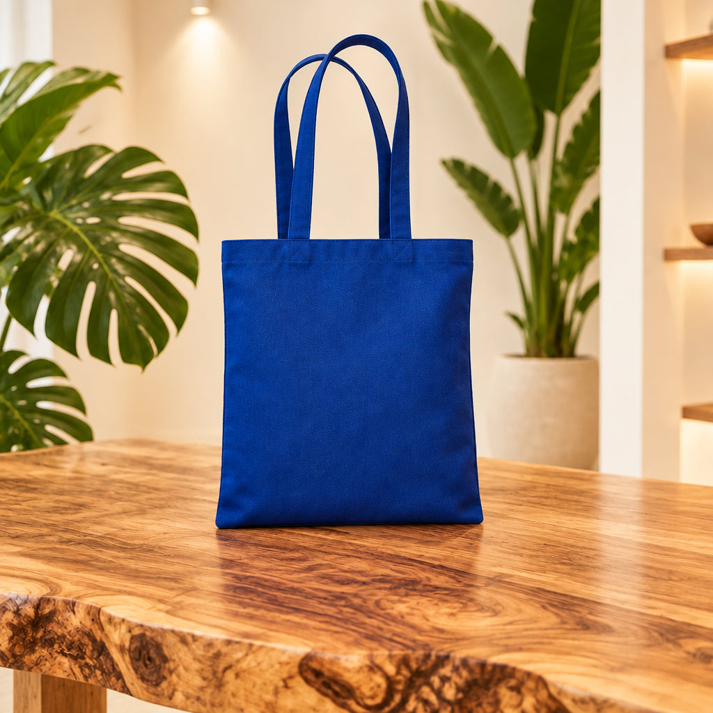 Bright blue Earthaware organic cotton tote bag shown from the front on a wooden table.