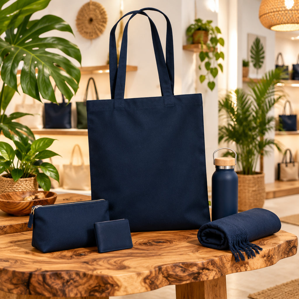 French Navy Earthaware organic cotton tote bag on a wooden table beside matching accessories