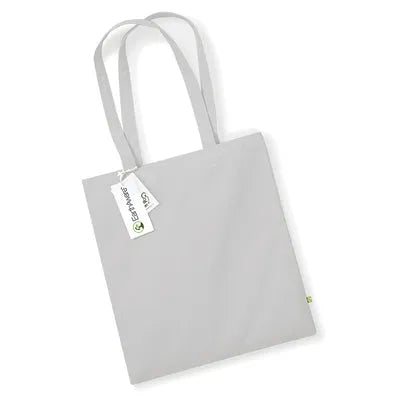 Grey organic cotton  tote bag with a tag on a white background