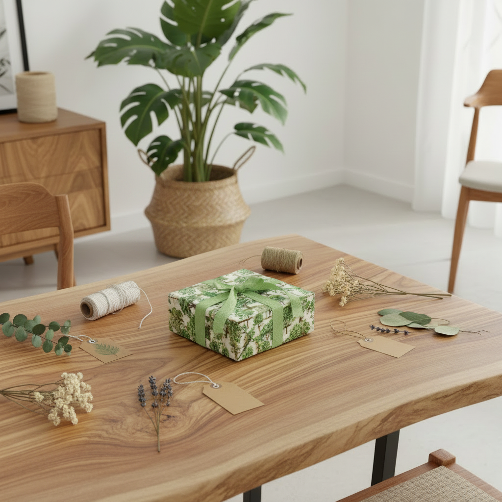 A wrapped gift box with a green and white botanical pattern and ribbon sits on a wooden table in a styled room with dried flowers, twine, and a potted plant in the background.