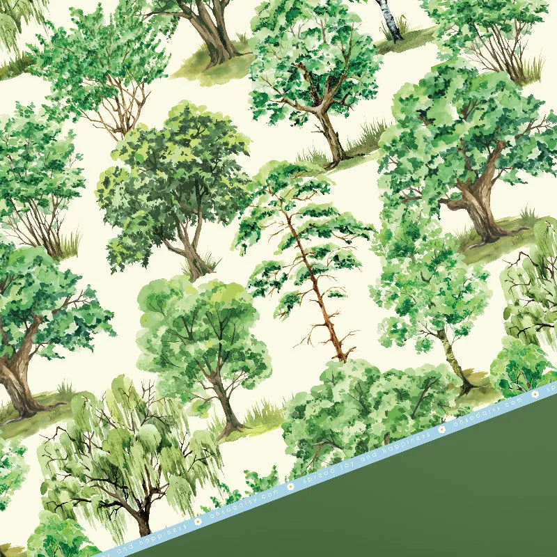 Pattern of green trees on a white background with a green border.
