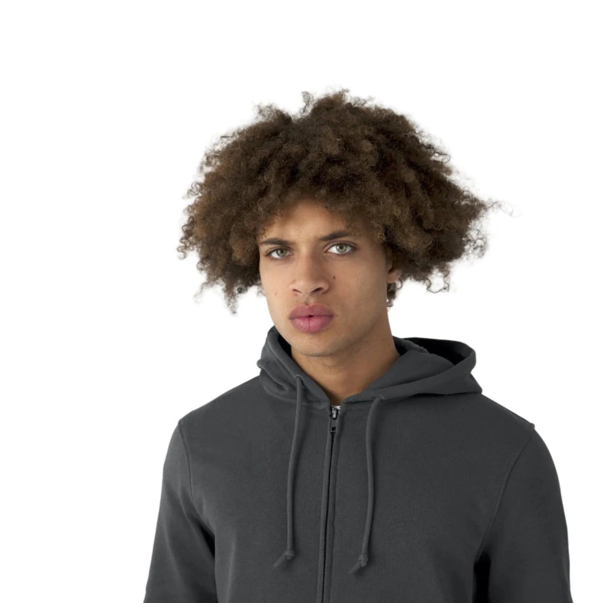 Person wearing a dark gray hoodie on a white background