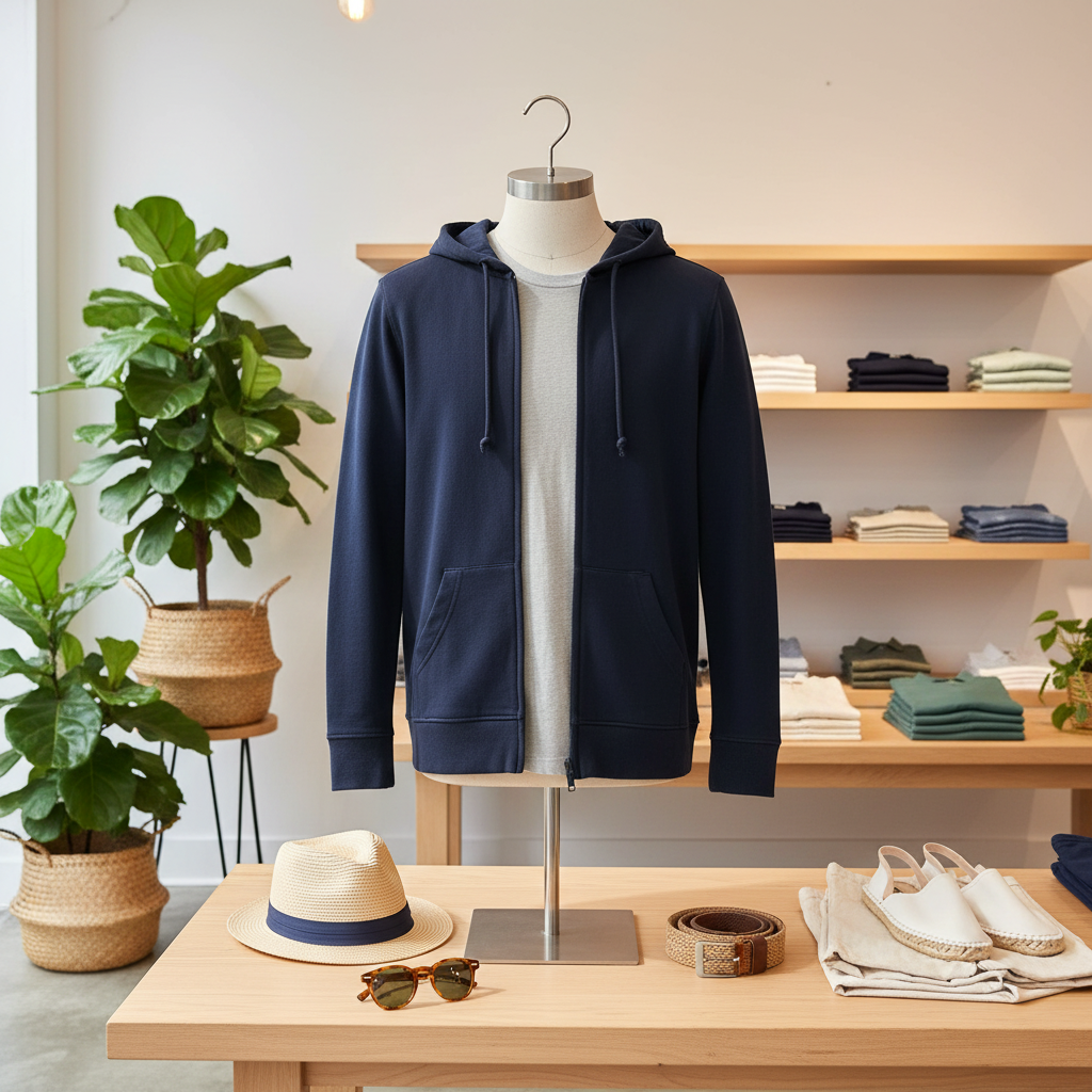 A navy blue zip-up hoodie displayed on a mannequin torso, layered over a light gray T-shirt. The mannequin stands on a table in a styled retail or boutique setting with wooden shelves, folded clothing, a straw hat, sunglasses, a belt, and white slip-on shoes nearby.