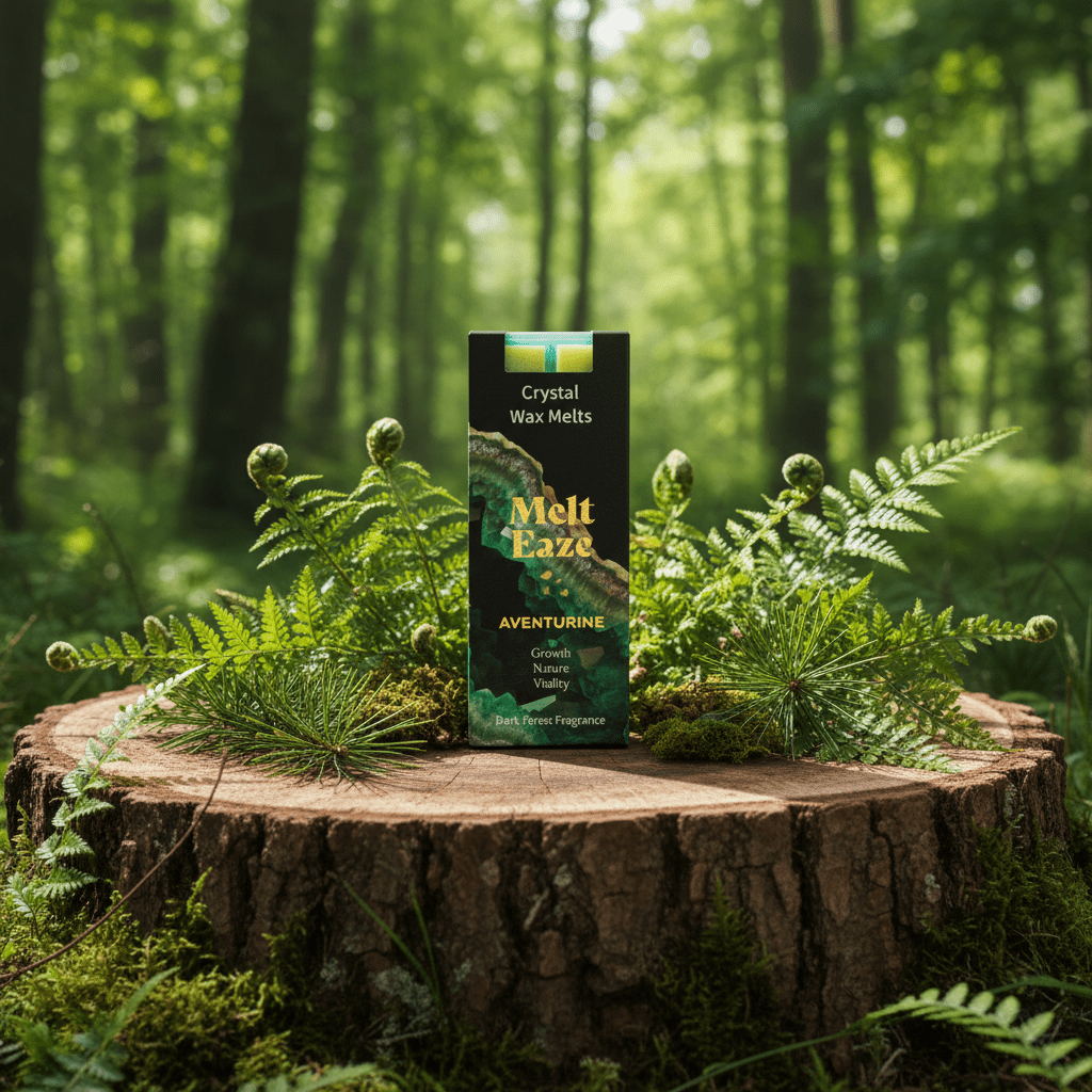 Box of Melt Eaze crystal wax melts on a wooden stump in a forest setting