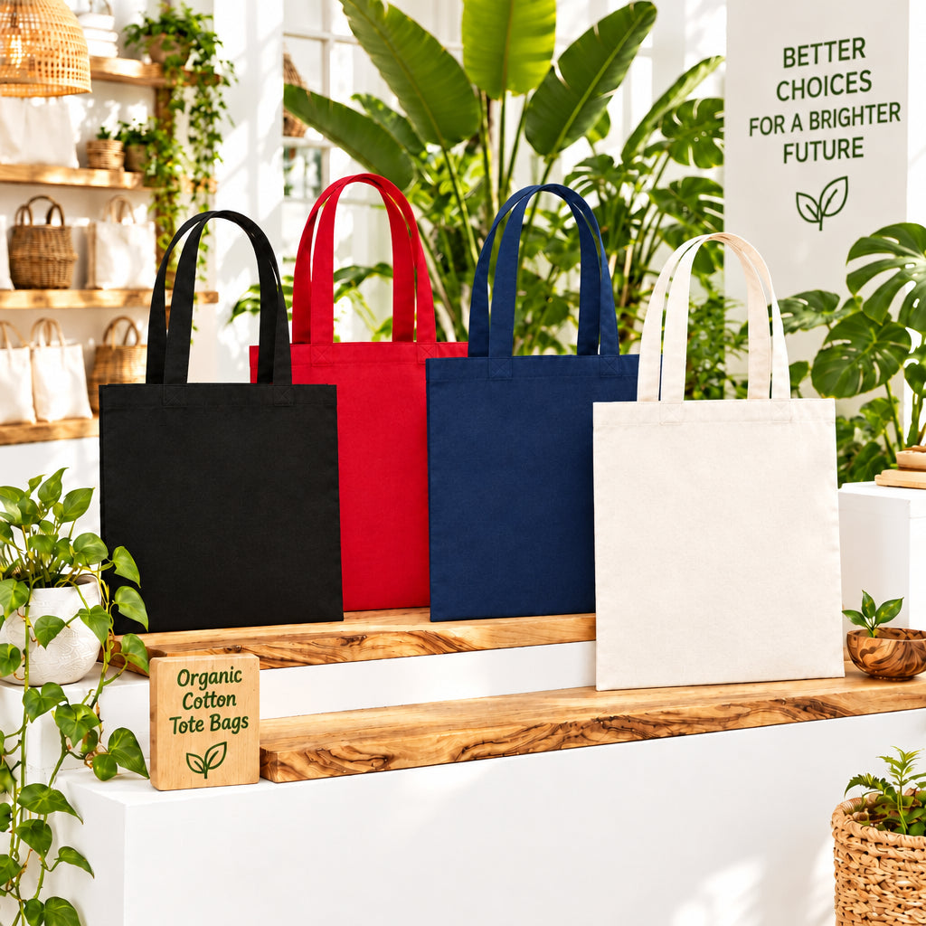 Black, red, navy and off-white tote bags displayed on wooden shelves among green plants.