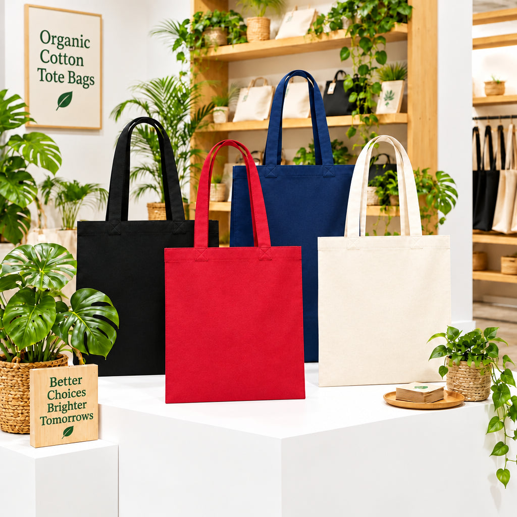 Black, red, navy and off-white tote bags displayed on white plinths in a plant-filled setting.