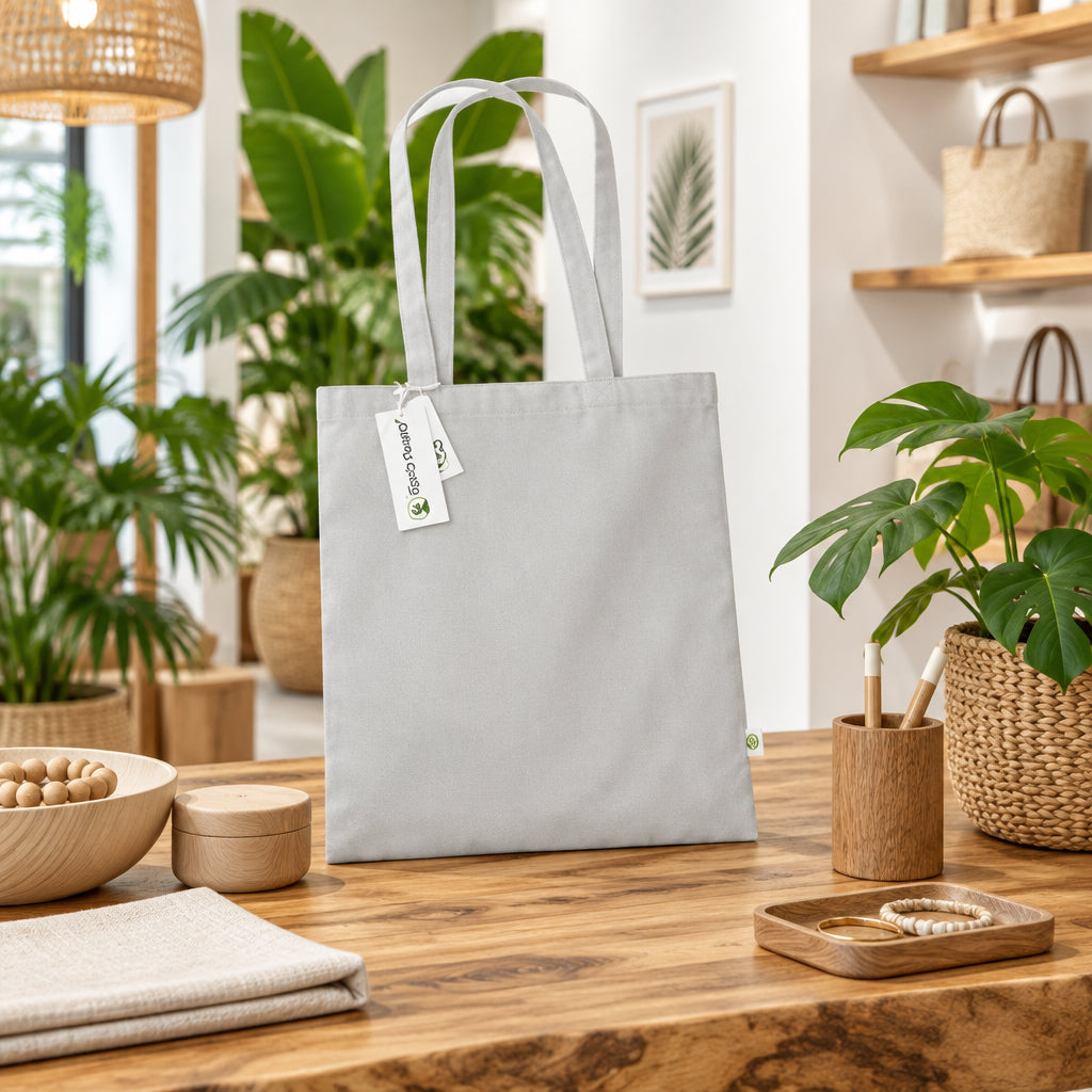 Light grey Earthaware organic cotton tote bag with long handles and hanging tags on a wooden table