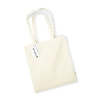 Natural Earthaware organic cotton tote bag with long handles and a hanging tag on a white background