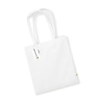 White organic cotton tote bag with brand logo on a white background