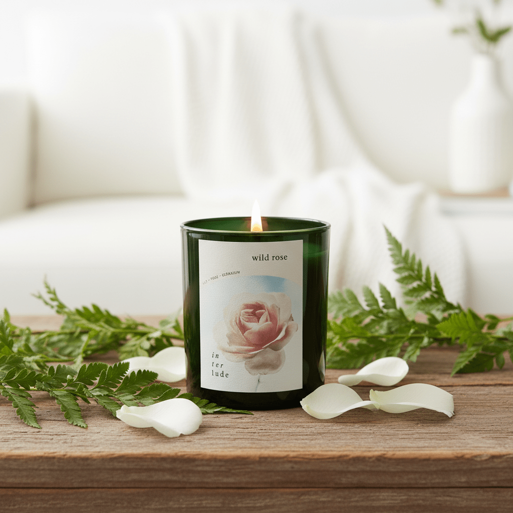Candle with a floral label on a wooden surface with greenery and white petals.