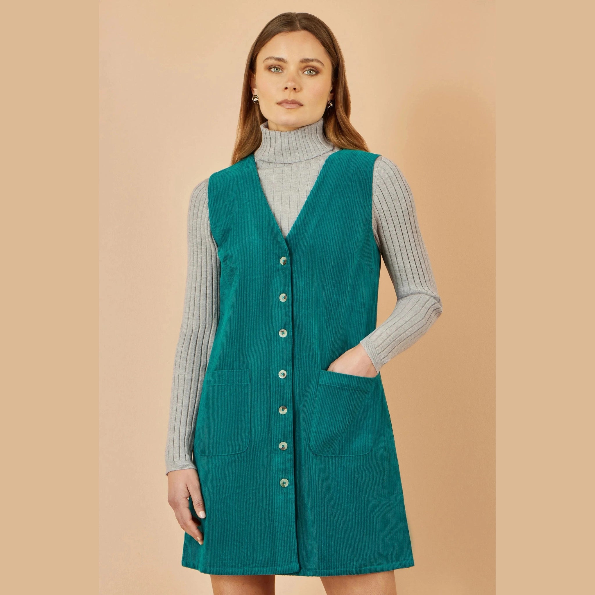 Yumi Pinafore Dress With Pockets Yumi Teal Cord Button Through Clothing & Accessories > Clothing > Dresses > Autumn Dresses > Pimafore Dresses > Cord Dresses > Teal Dresses emmy-jane-boutique.myshopify.com