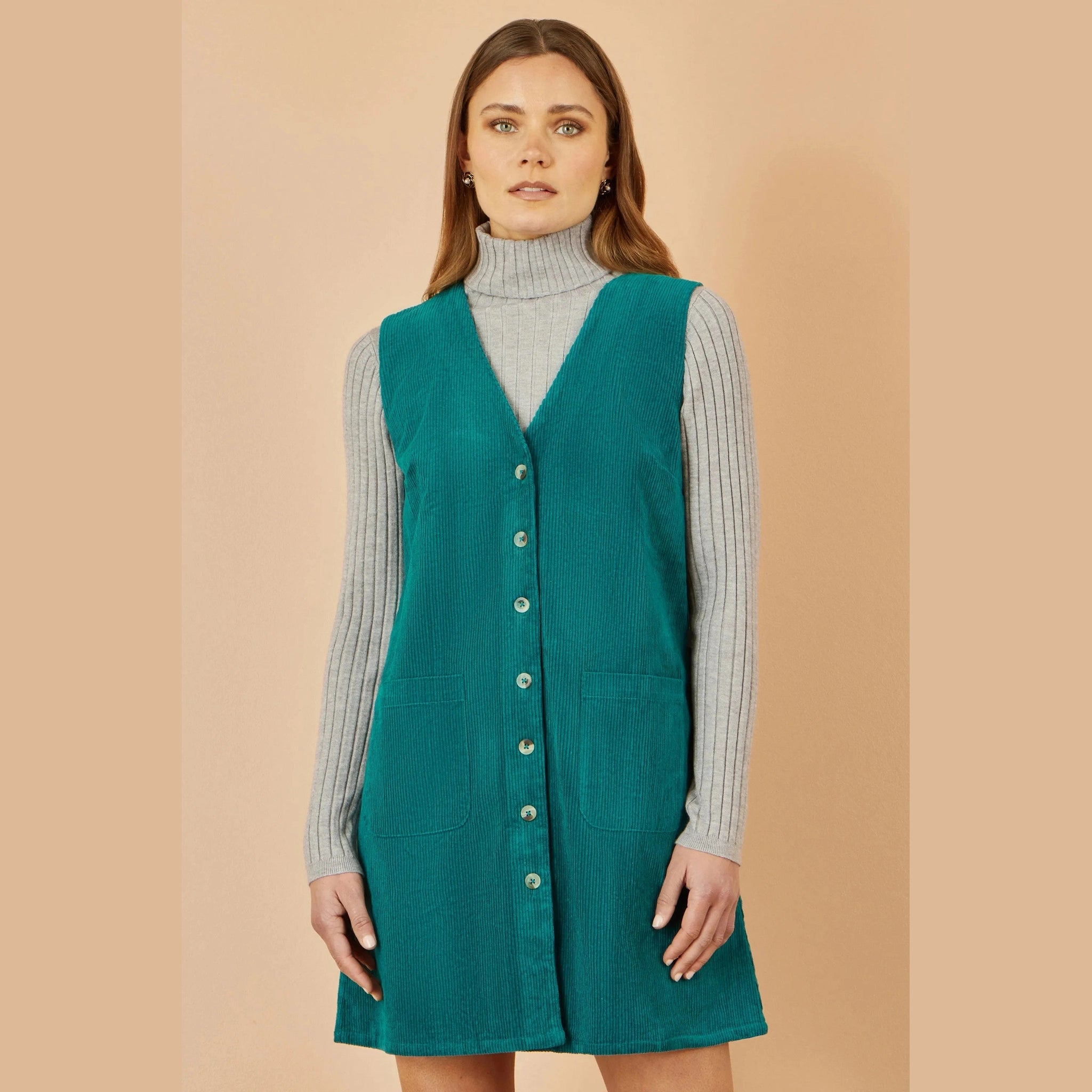 Yumi Pinafore Dress With Pockets Yumi Teal Cord Button Through Clothing & Accessories > Clothing > Dresses > Autumn Dresses > Pimafore Dresses > Cord Dresses > Teal Dresses emmy-jane-boutique.myshopify.com