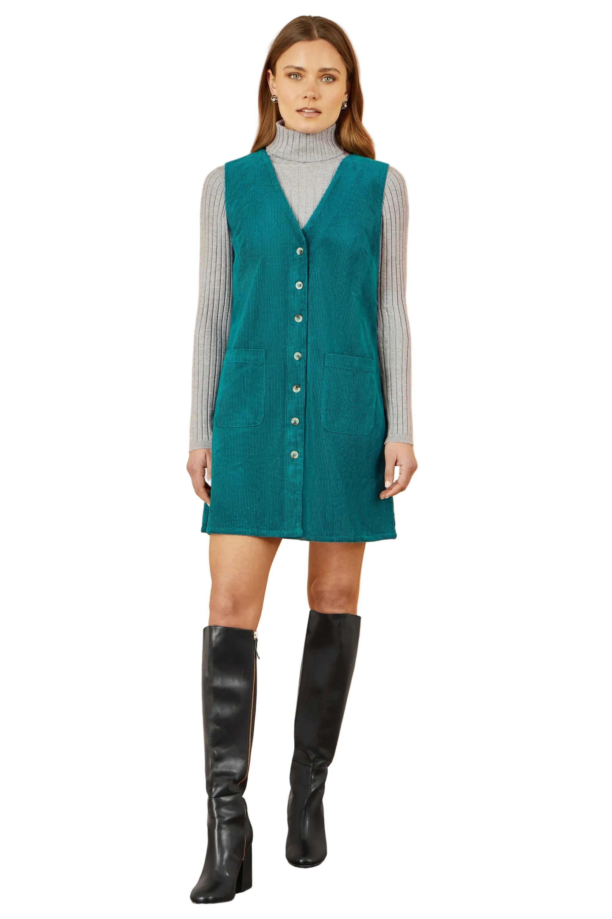 Yumi Pinafore Dress With Pockets Yumi Teal Cord Button Through Clothing & Accessories > Clothing > Dresses > Autumn Dresses > Pimafore Dresses > Cord Dresses > Teal Dresses emmy-jane-boutique.myshopify.com