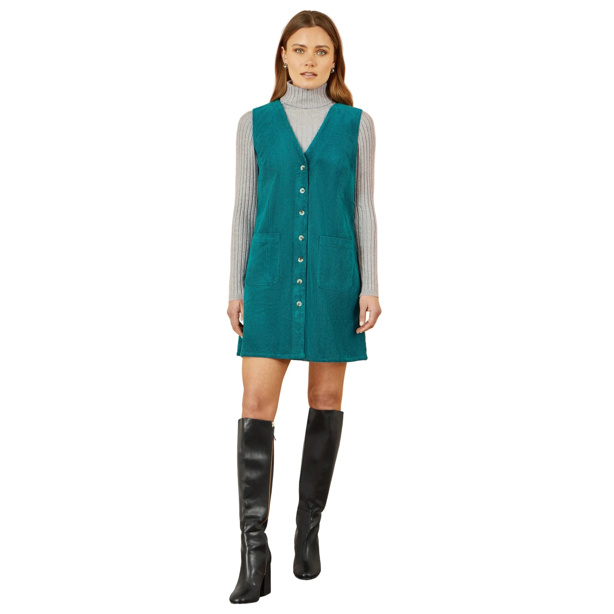 Yumi Pinafore Dress With Pockets Yumi Teal Cord Button Through Clothing & Accessories > Clothing > Dresses > Autumn Dresses > Pimafore Dresses > Cord Dresses > Teal Dresses emmy-jane-boutique.myshopify.com