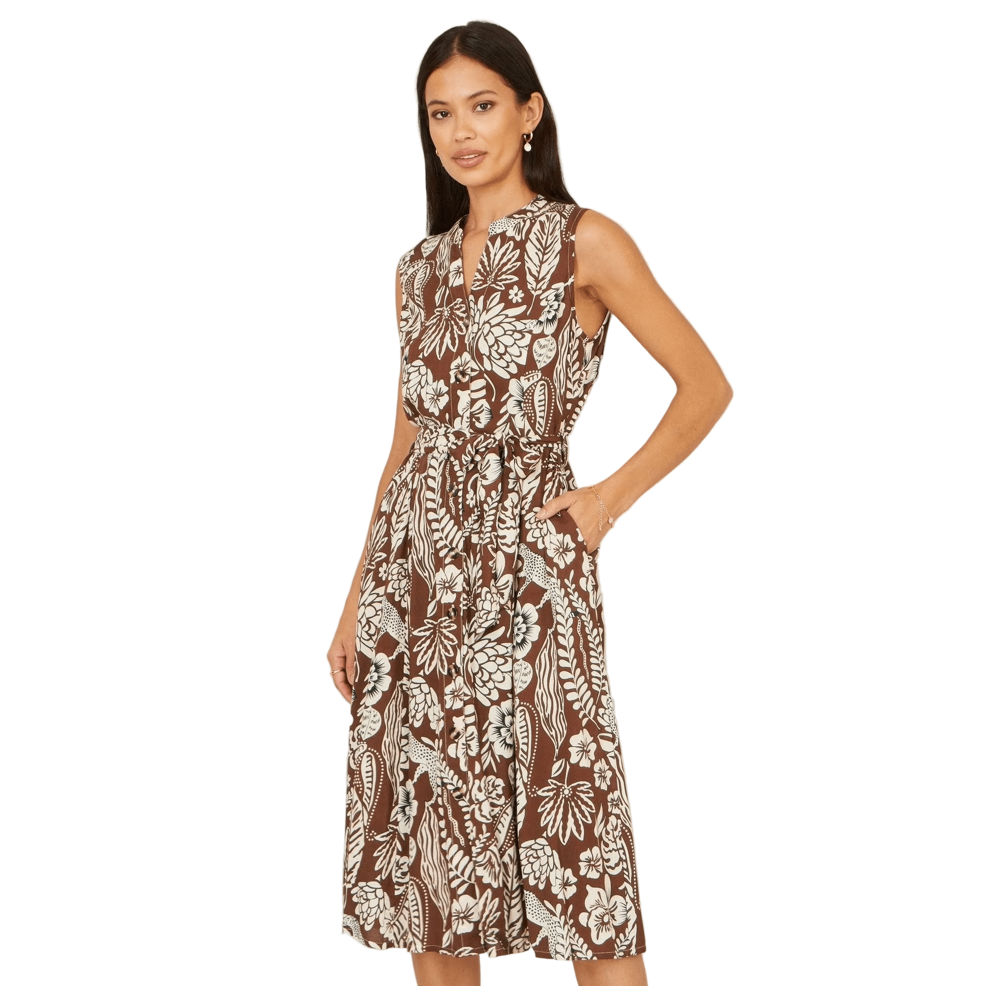 Brown Botanical Print Midi Dress