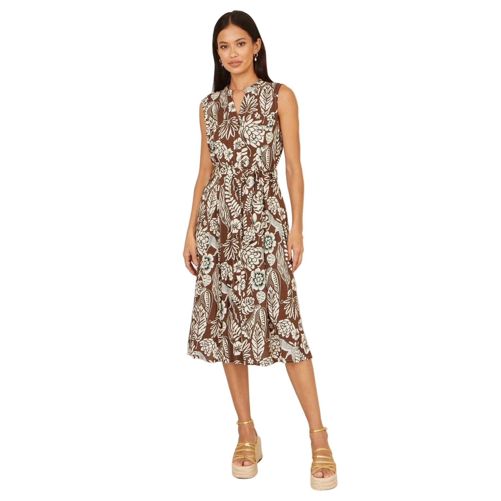 Women’s Floral Midi Dress with Tie Waist