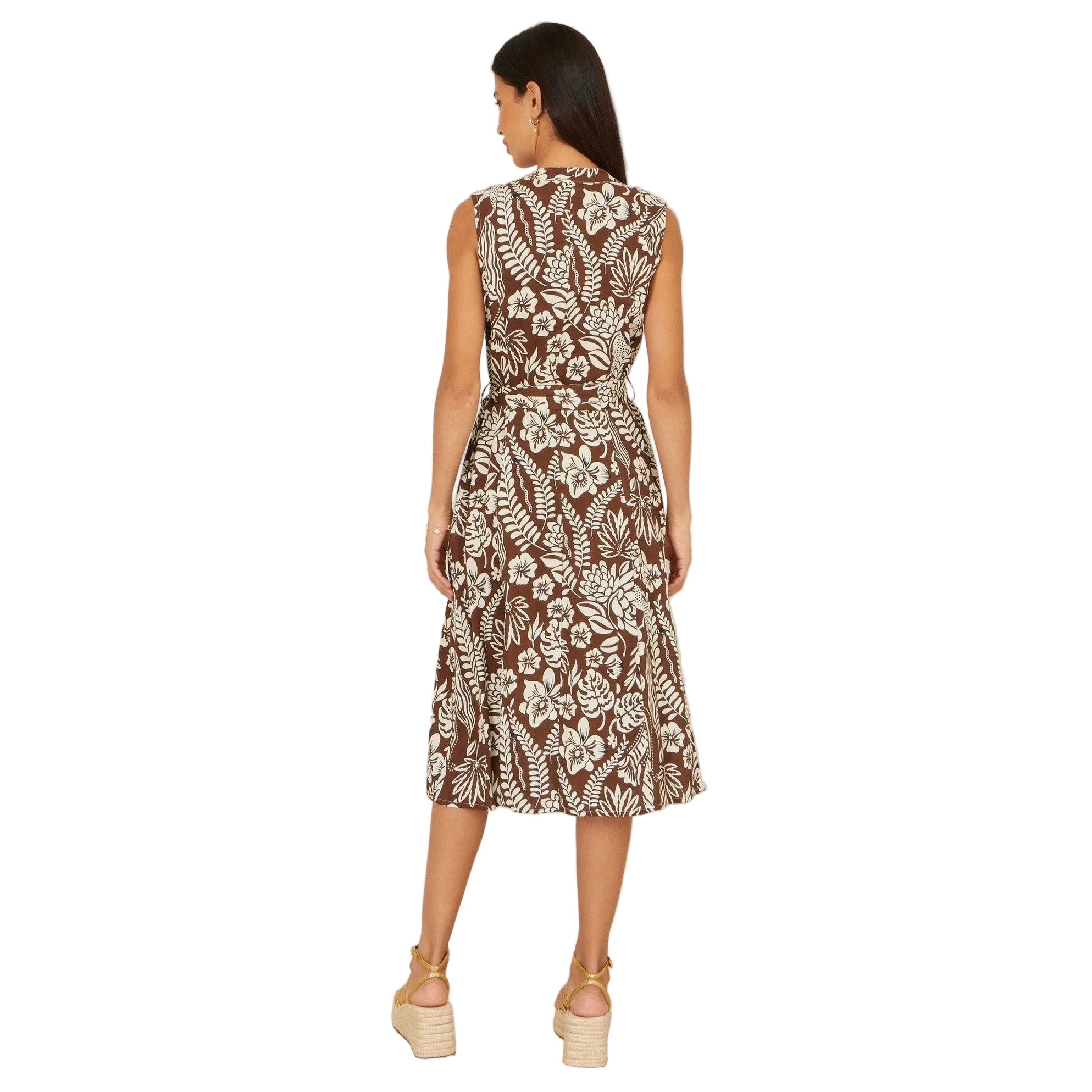 Brown and Cream Floral Midi Dress