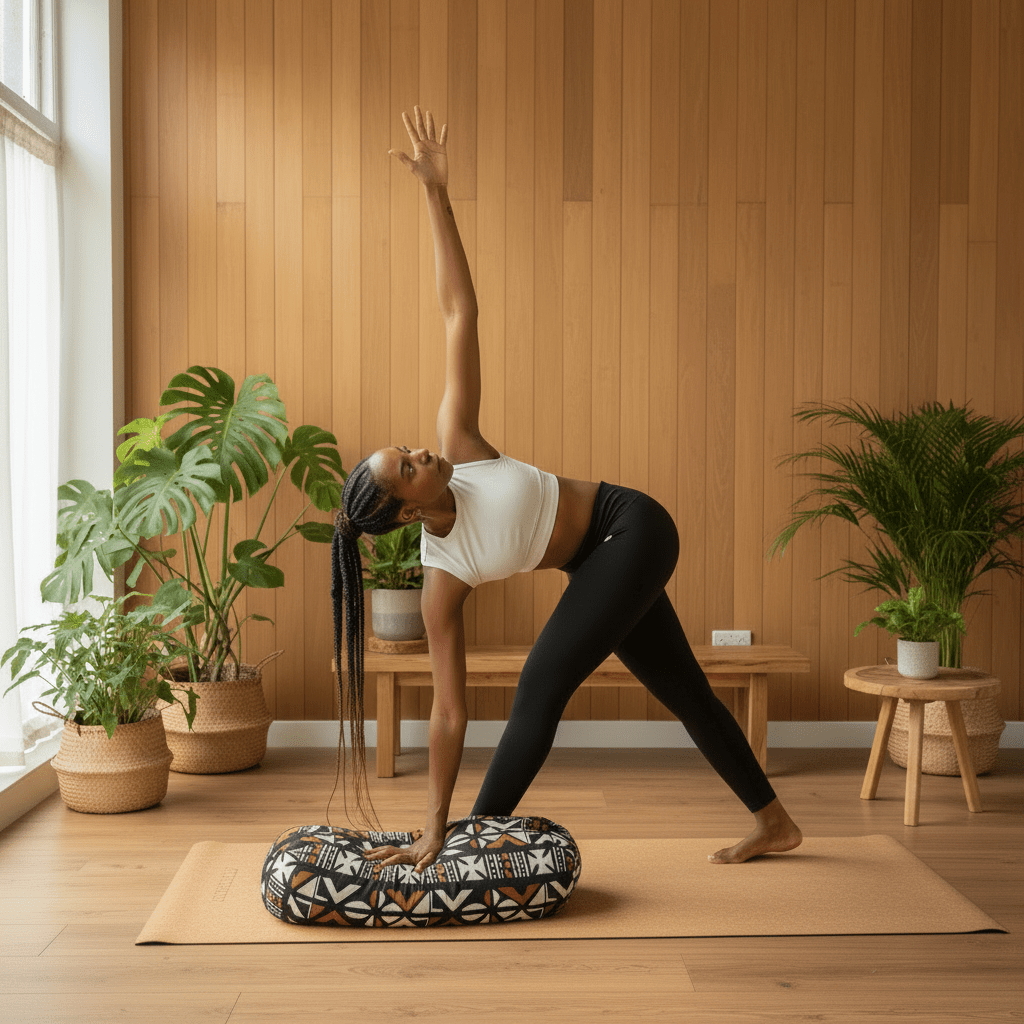 Woman practicing yoga in a room with wooden walls and plants