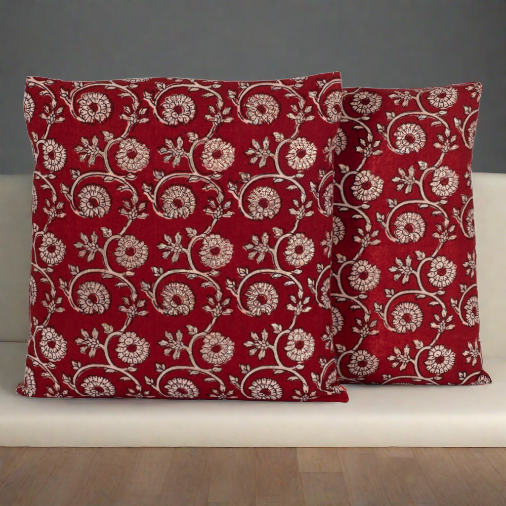 Hand Block Print Cotton Cushion Cover - Red Floral Vine Bagh