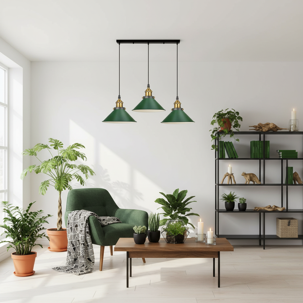 Three green conical pendant lights with gold accents hang over a modern living room setup featuring a green armchair, wooden coffee table, and potted plants against a white wall.
