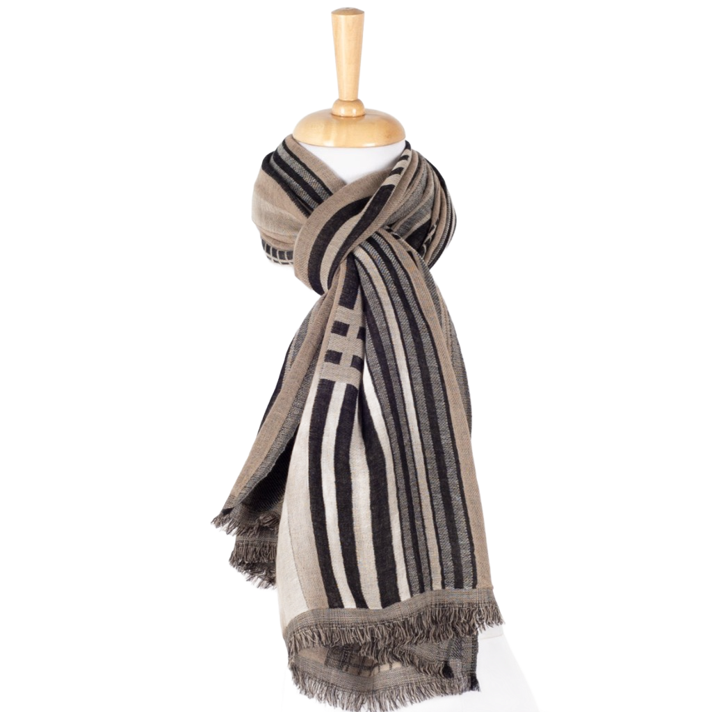 Checks and Stripes Abstract Jacquard Merino Wool Scarf - Black Beige