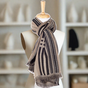Checks and Stripes Abstract Jacquard Merino Wool Scarf - Black Beige