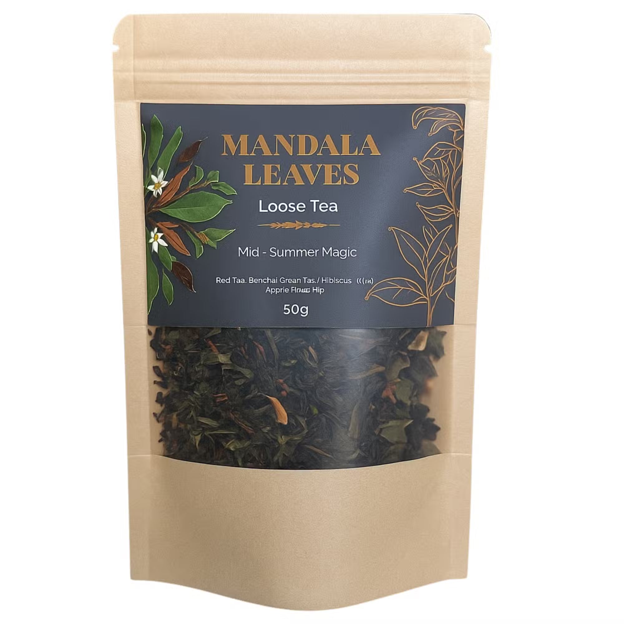 Mandala Leaves loose tea package with a blue label on a white background