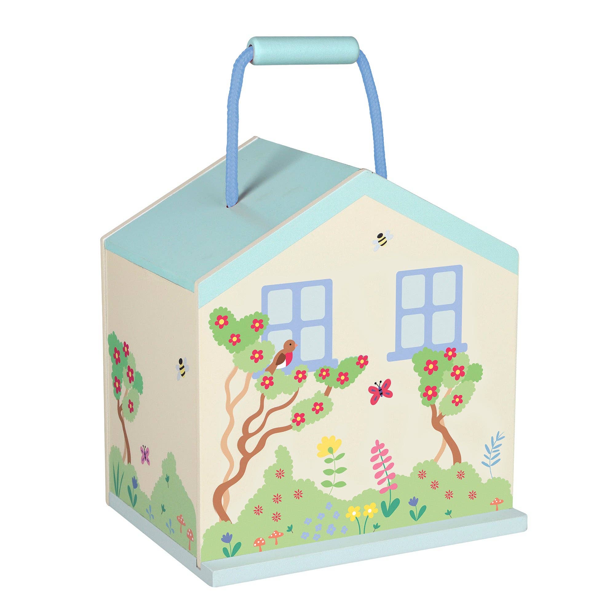 Children's toy house with a blue roof and colorful garden design on a white background