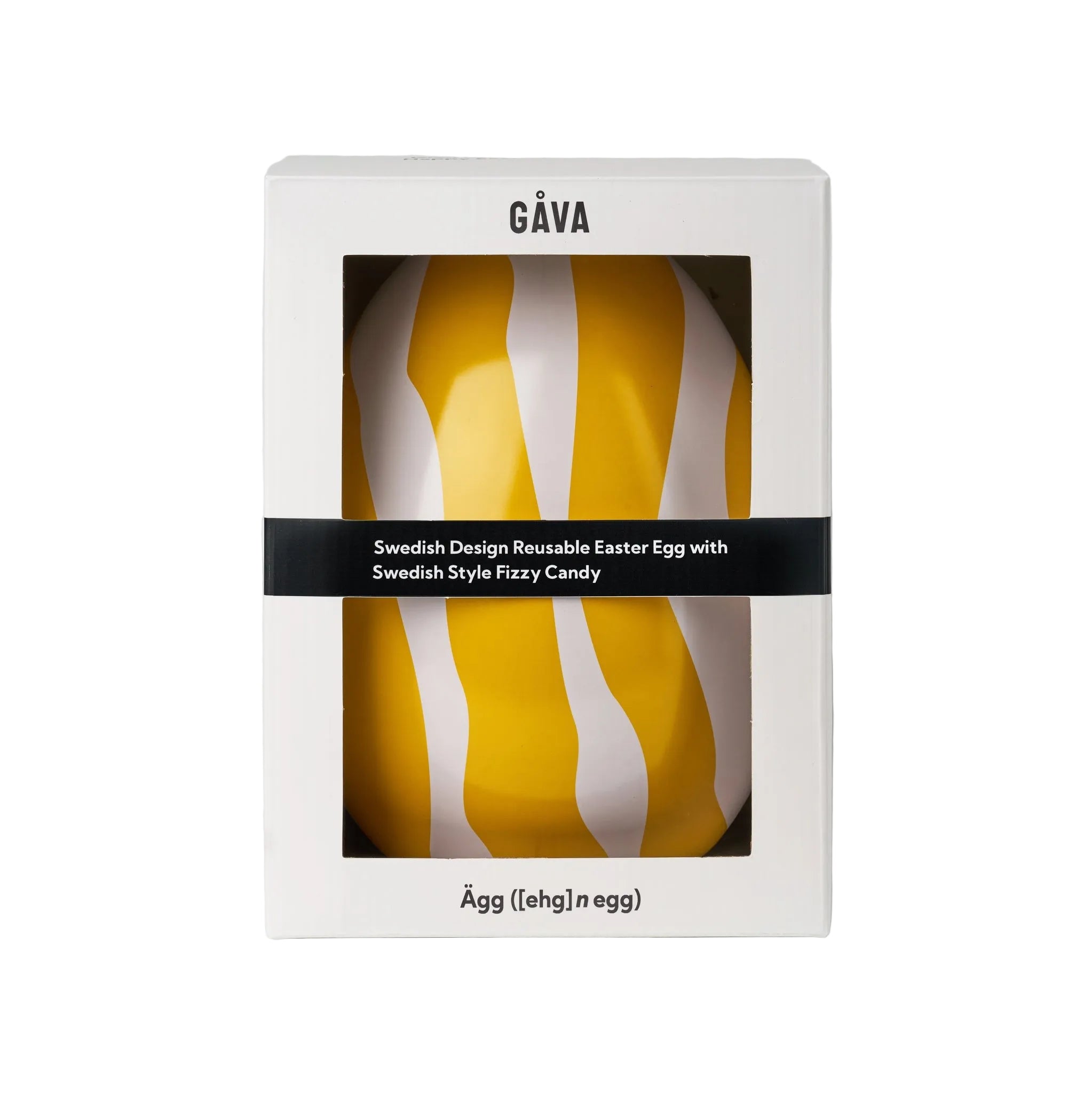 Packaging of a Swedish Design Reusable Easter Egg with Fizzy sweets, featuring a yellow and white design.