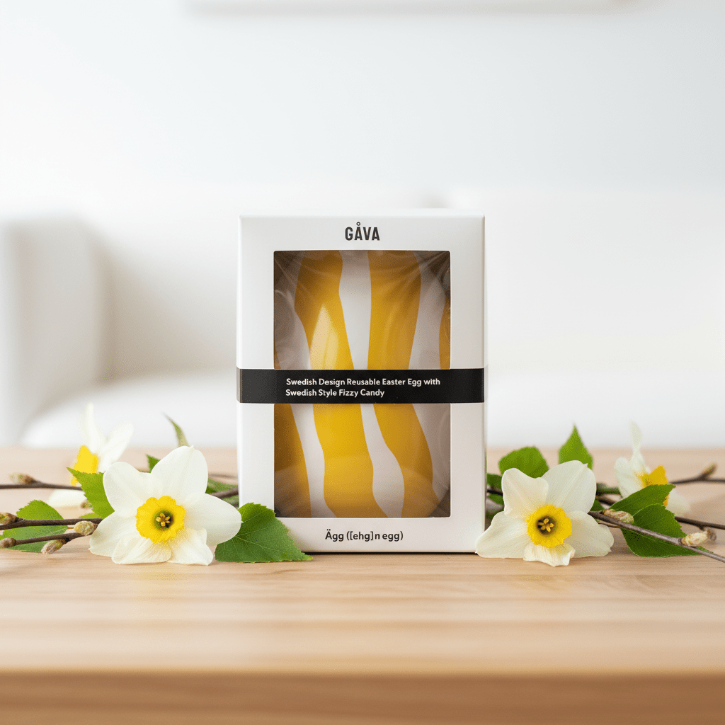 Gäva packaging with a yellow and white striped Easter egg on a wooden surface with flowers.