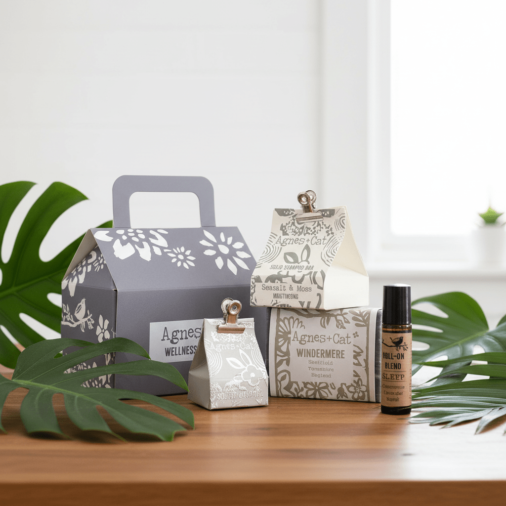 Collection of Agnes & Cat products on a wooden surface with green leaves in the background